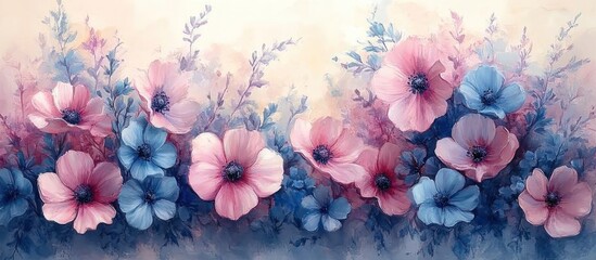 Pastel pink and blue flowers watercolor painting.