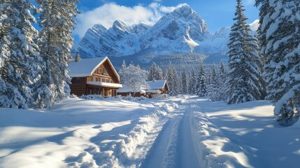 Wooden mountain chalets nestled in a snowy winter wonderland