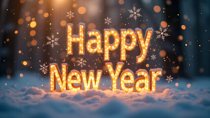 Happy New Year Celebration with Glowing Letters in Snow. Concept of Holiday, New Beginnings, and Festivities.