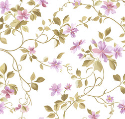 Obraz premium floral pattern on white wallpaper, with small flowers and vines in pastel colors such as pink, purple, green, yellow, brown, or beige. suitable for an inviting atmosphere in rooms like dining rooms