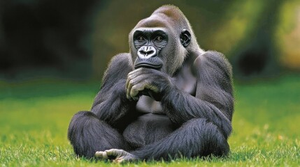 Naklejka premium Western lowland gorilla sitting on grass, thoughtful expression.