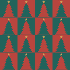 Christmas tree and star on top in square grid geometric red green color, seamless pattern vector use for wrapping paper on gift box.