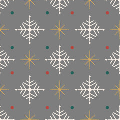Snowflake and gold sparkling with Christmas dot on grey background, seamless pattern for wrapping paper, fabric, packaging and garment.