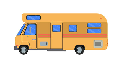 Camper car, holiday caravan, van, summer motorhome, camping RV. Mobile auto vehicle for travel, vacation. Flat vector illustration isolated on white background