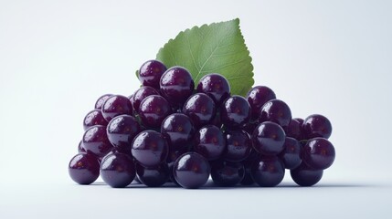 Fototapeta premium Ripe dark grapes with leaf on white.
