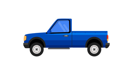 Pickup truck in blue color. Vector flat illustration style. Isolated on white background