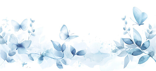 Elegant blue watercolor floral background with delicate butterflies and leaves