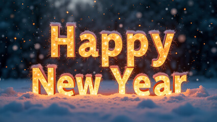 Happy New Year illuminated sign in snow. Concept of celebration and new beginnings.