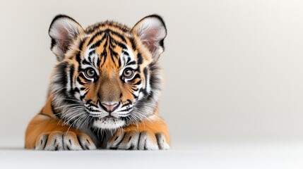 Fototapeta premium Adorable tiger cub lying down, looking at camera.