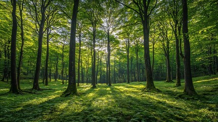 Obraz premium Towering Trees Casting Expansive Shade Over Thriving Forest Floor With Lush Canopies Nurturing Life Below