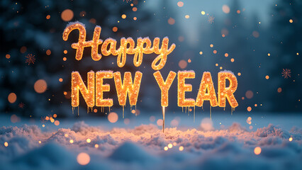 Happy New Year greeting in a snowy landscape. Concept of celebration, new beginnings, and winter holidays.