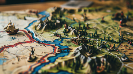 Naklejka premium Military Strategy Map with Miniature Soldiers and Terrain Models on Wooden Table, Detailed Planning Scene