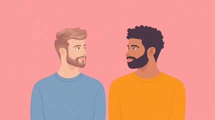 Fototapeta premium LGBTQ+ Couple Illustration on Pink Background Depicting Love and Diversity in a Modern, Inclusive Art Style for Romantic and Social Equality Themes
