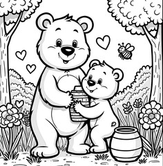 Obraz premium Bear Family Sharing Honey in Garden Scene