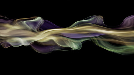 Obraz premium Elegant flowing ribbons in purple, green, and gold on a black background, embodying the mystique and festive charm of Mardi Gras