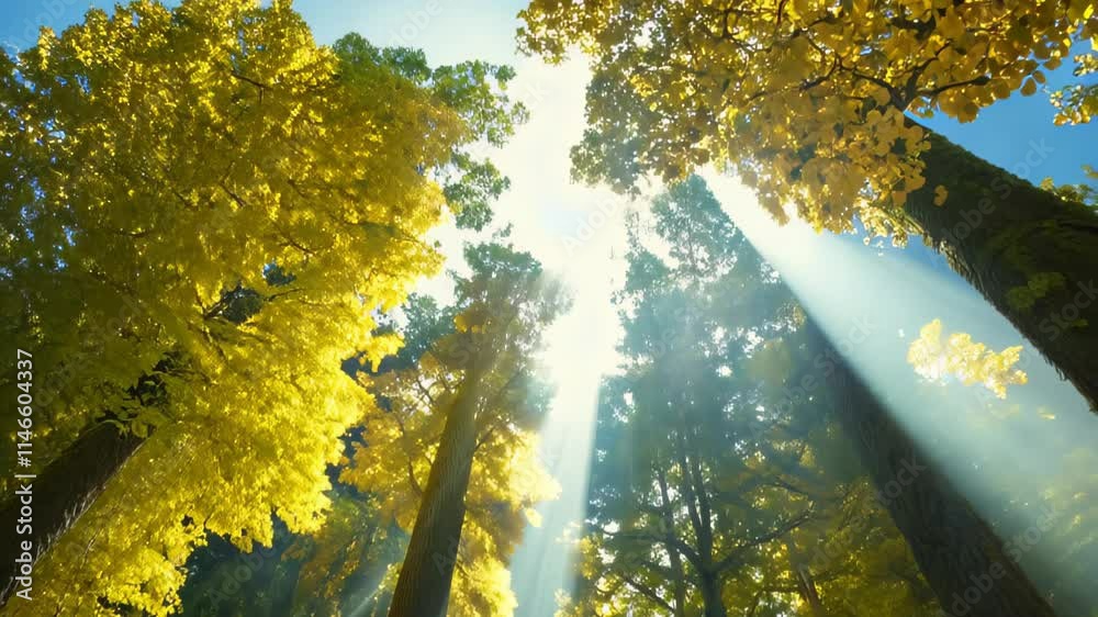 Aufkleber Sunlight filters through towering trees in a serene forest setting captured during early morning hours