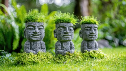 Obraz premium Three serene stone statues with grass hair, sitting amidst lush greenery.