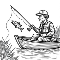  Fisherman Catching Fish in Wooden Boat