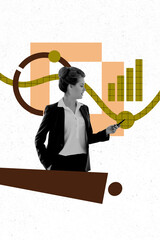 Composite trend artwork 3D sketch image photo collage of young lady business formalwear hold smartphone graphics stats data analyze