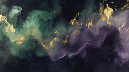 Elegant swirling clouds of green, purple, and gold create a dynamic and luxurious Mardi Gras-inspired abstract background