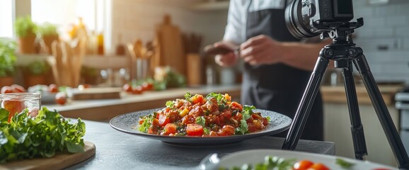 A chef photographing a colorful salad in a bright kitchen setting.