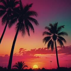 Neon Color Palm Tree Landscape at Sunset