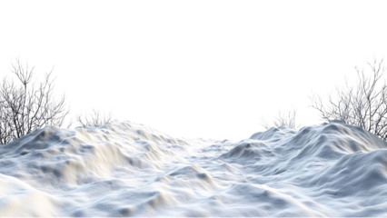 Snowy landscape with gentle hills and frosty bushes. Isolated on transparent/white background.