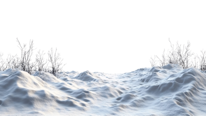 Snowy landscape with frosty bushes and gentle hills. Isolated on transparent/white background.