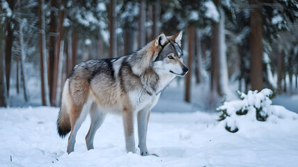 In the snow forest a brown wolf standing