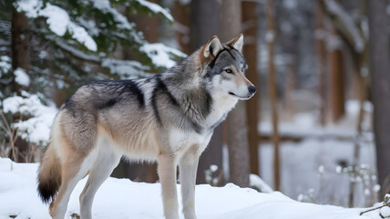 Fototapeta premium Gray wolf in snow forest looking for something