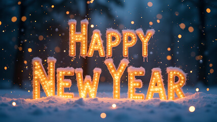 Happy New Year sign with glowing letters in the snow. Concept of celebration and new beginnings.