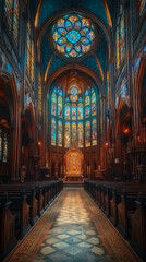 Fototapeta premium Gothic Cathedral Interior with Stained Glass and Ornate Architecture