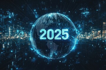 A vibrant digital globe showcases global data and technology advancements, featuring the year 2025 prominently at its center. The background is filled with bright blue lights and modern cityscapes.