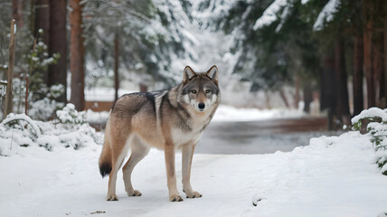 Obraz premium A brown wolf standing on the snow forest