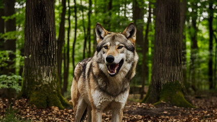 Obraz premium Portrait of a wolf in the green forest