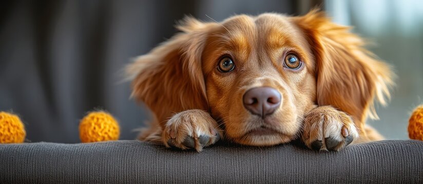 Adorable golden retriever puppy resting its paws on a couch, looking expectantly at yellow balls.