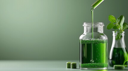 Green liquid being poured into a glass jar with pills and plant.