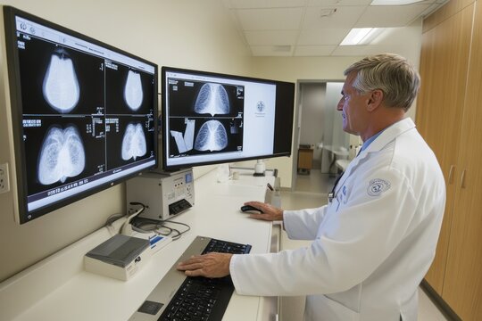 Radiologist Reviewing Mammogram Images on Dual Monitors
