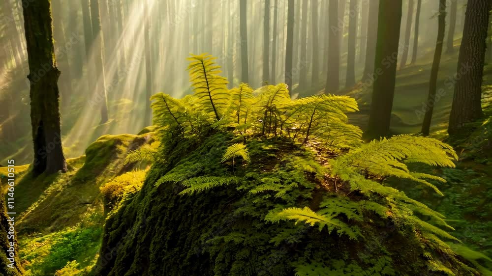 Aufkleber sunlight filters through trees in a serene forest filled with lush ferns and vibrant greenery