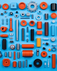 Colorful industrial parts flat lay