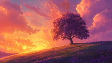 serene sunset landscape with lone tree and purple flowers