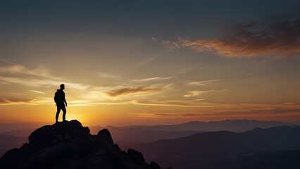 Fototapeta premium Silhouette of man on a peak of a mountain at sunset