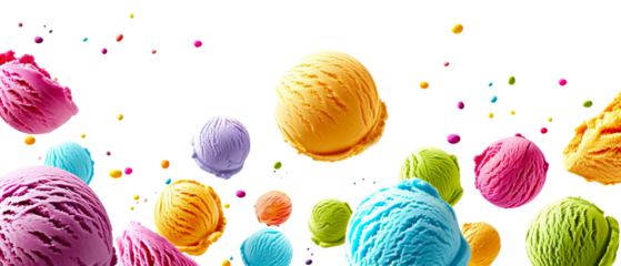 Assorted colorful Scoops of ice cream in various flavors levitating mid-air with vibrant sprinkles and playful color bursts against a white background