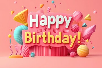 Bright and vibrant birthday decorations featuring playful shapes and colors create a festive atmosphere. The cheerful design invites celebration and joy, perfect for any birthday party.