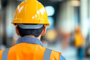 Fototapeta premium Construction worker from behind, safety gear