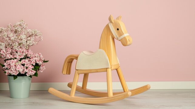 Charming Wooden Rocking Horse with Soft Seat Against Pink Wall and Floral Arrangement for Nursery or Playroom Decor Inspiration