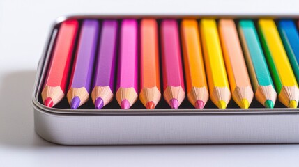Naklejka premium Vibrant Collection of Colorful Wooden Crayons in Metal Box Perfect for Art Projects and Creative Activities for All Ages