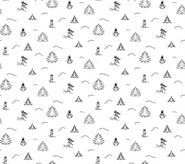 winter ski seamless pattern. Editable and repeatable vector illustrator file. pine tree, skiers, vacation in mountains