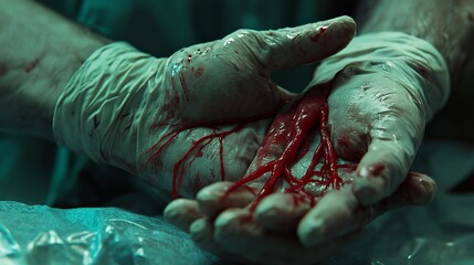 Close-up shot of a pair of bloody hands wearing surgical gloves.  The scene is dark and moody, with a focus on the visceral detail of the blood and exposed veins.