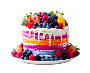 Rainbow multicolored cake with whipped cream top on light background. Colorful Birthday cake with cream cheese frosting, berries and flowers.
